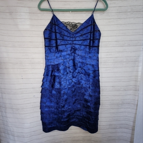 ELIZA J TIERED RUFFLE SATIN ROYAL BLUE DRESS, sz 10 Petite - Picture 1 of 10